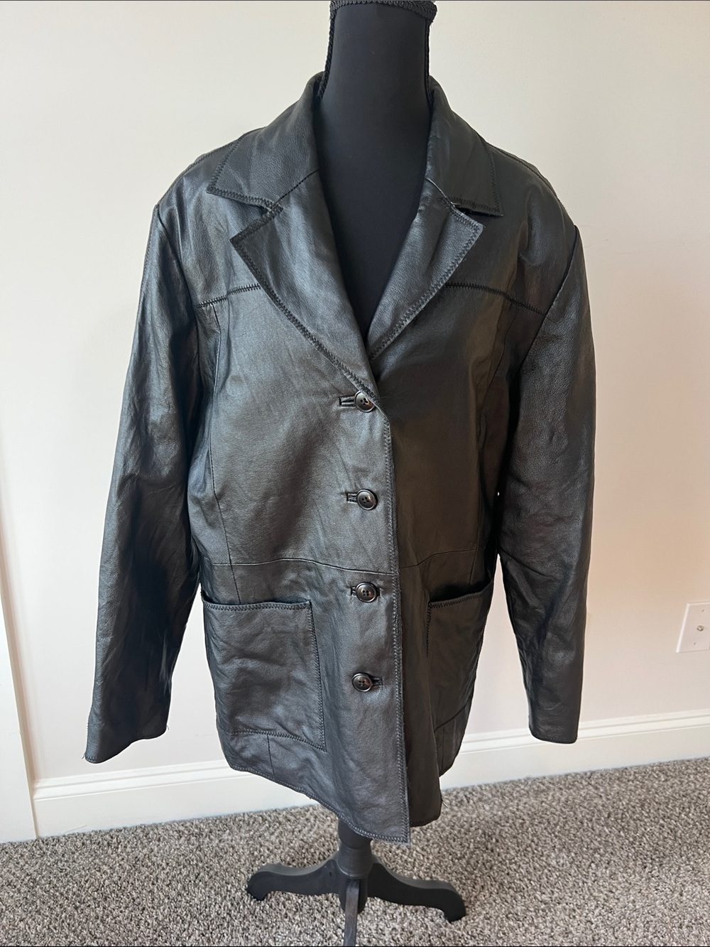 Vintage Terry Lewis 100% Leather Classic Black Button-Up Blazer Jacket